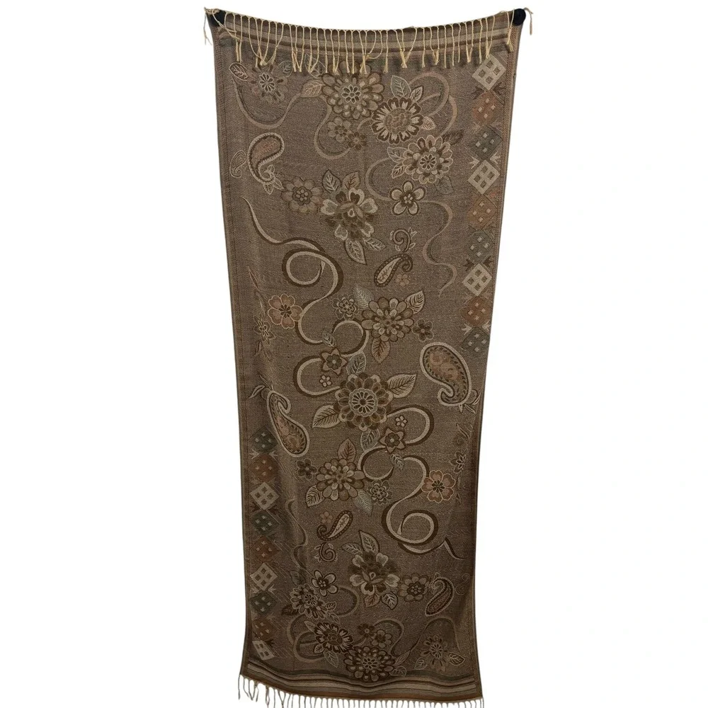 Tan Floral Paisley Jacquard Pashmina Wrap Scarf‎ Fringe Bohemian Shawl 70x26